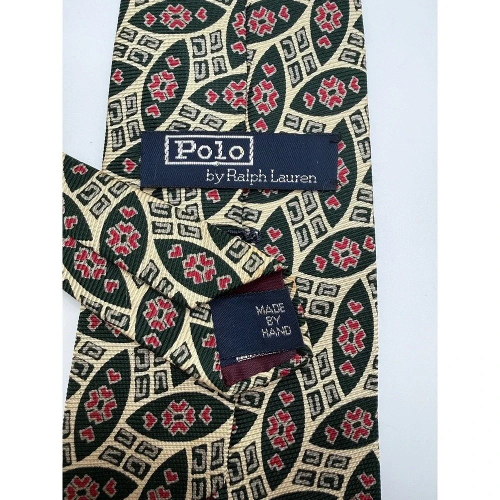 Vintage Polo Ralph‎ Lauren Tie USA Green Geometric Floral Wide 100% Silk Necktie